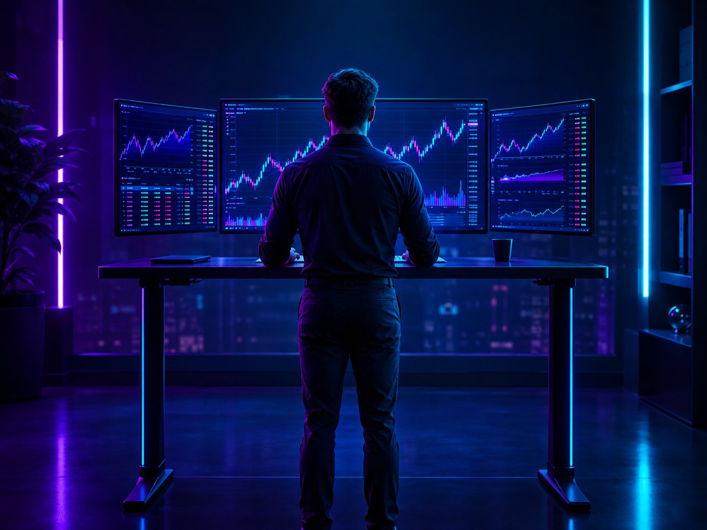 Investor at a standing desk watching fast moving intraday stock charts