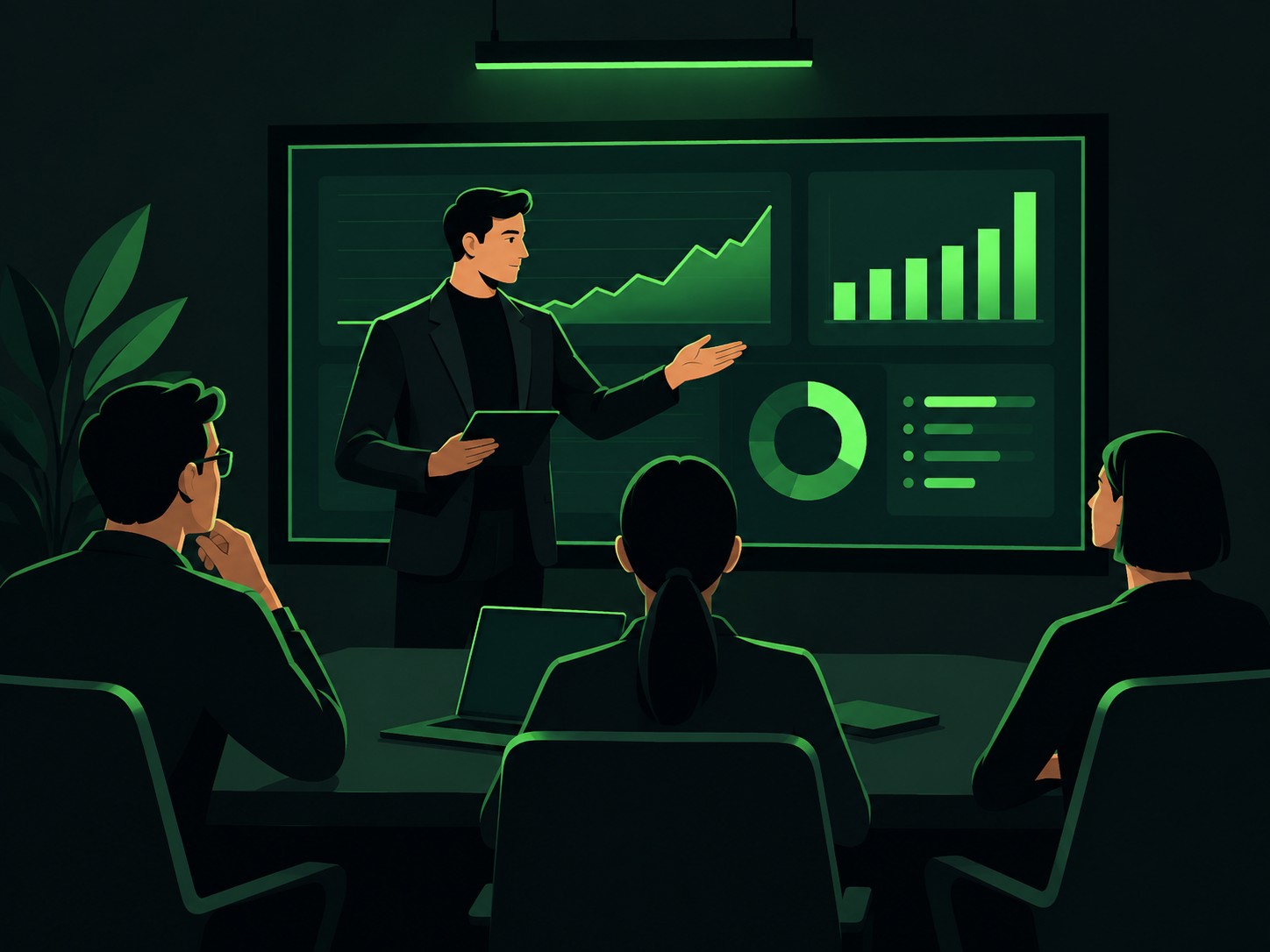 Analyst presenting charts on a large screen to a small team