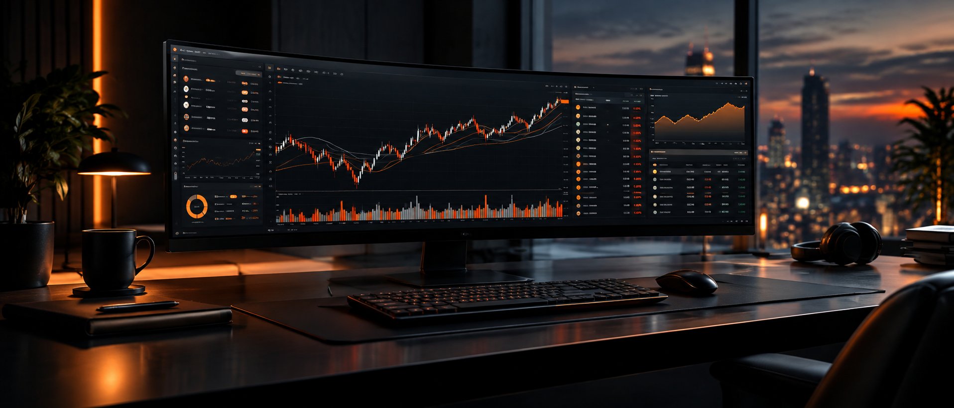 Premium dark mode trading dashboard on a wide monitor