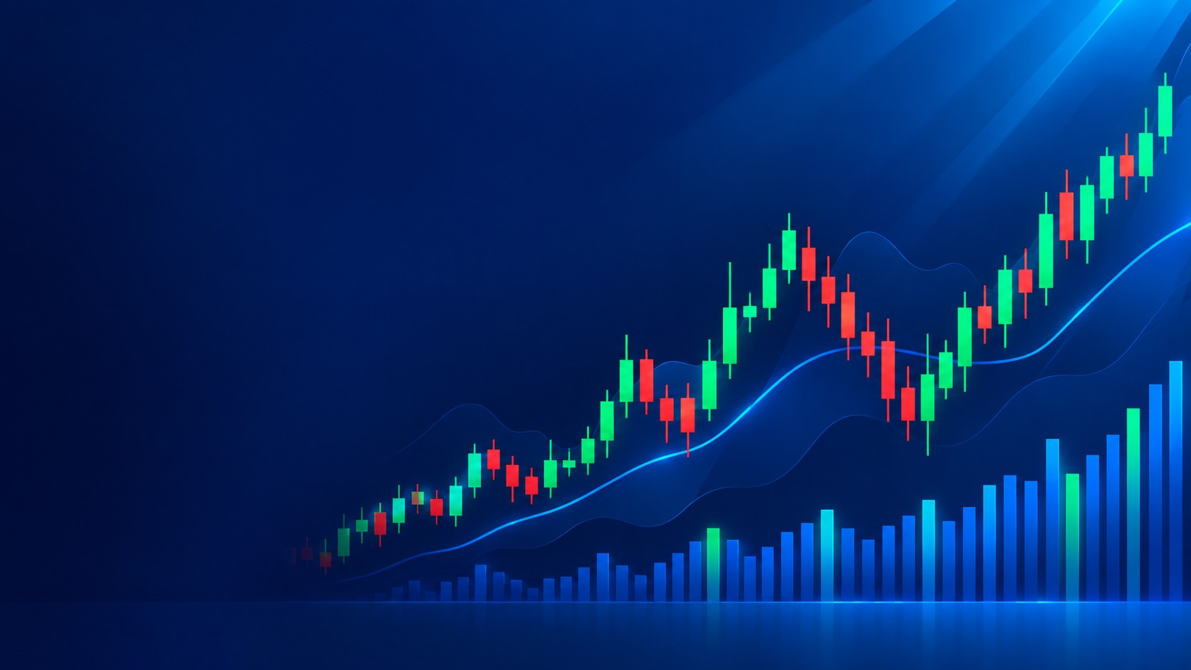 Large glowing forex candlestick chart with rising and falling candles