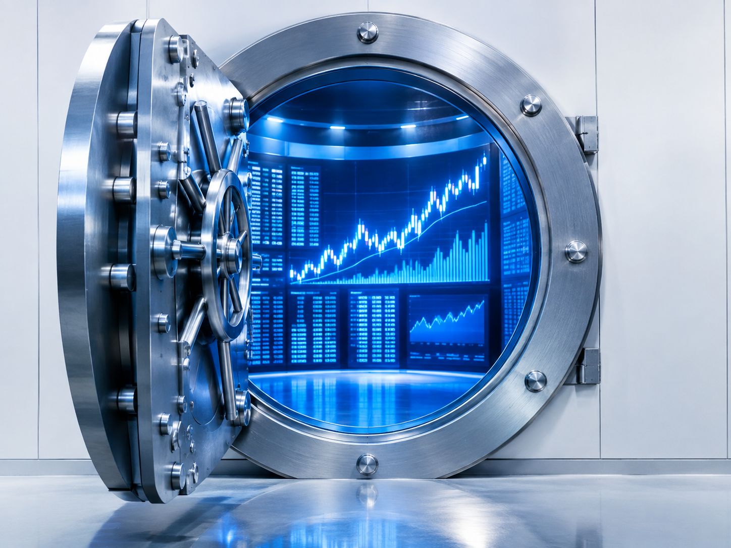 Bank vault door opening to reveal glowing stock charts