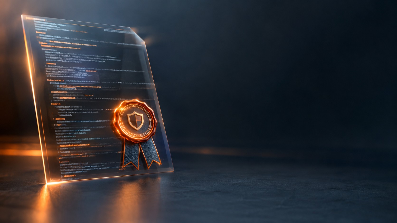 Transparent document made of code lines sealed with a glowing stamp